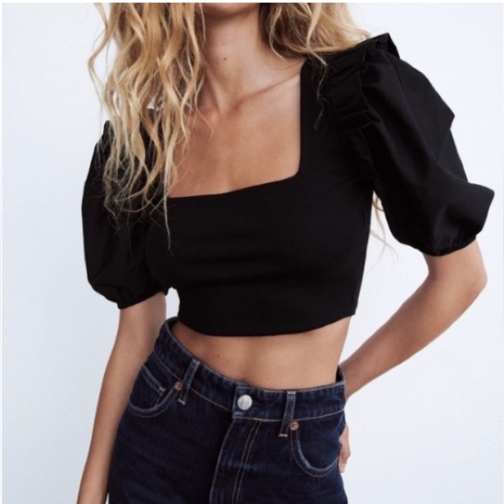Zara Black Puff Sleeve Crop Top